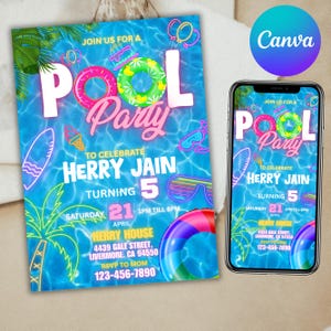 Pool Party Invitation, Summer Birthday Party Evite, Text Invitation, Pool Party Invitation, Electronic Invite, Canva Editable