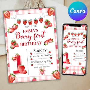 Berry 1st birthday invitation, berry first birthday, strawberry digital invite, Berry Mobile Invite, Birthday Invitation, Canva Editable