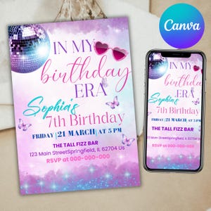 7th Birthday Invitation Glitter Editable Seventh Birthday Invitation, Birthday Party Invitation Birthday Era Girl Invite, Canva Editable