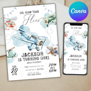 Jungen Flugzeug einladen, die Zeit vergeht, Geburtstagseinladung, Jungen Flugzeug Party einladen, Weltkarteneinladung, Jungen erster Geburtstag, Canva Editable