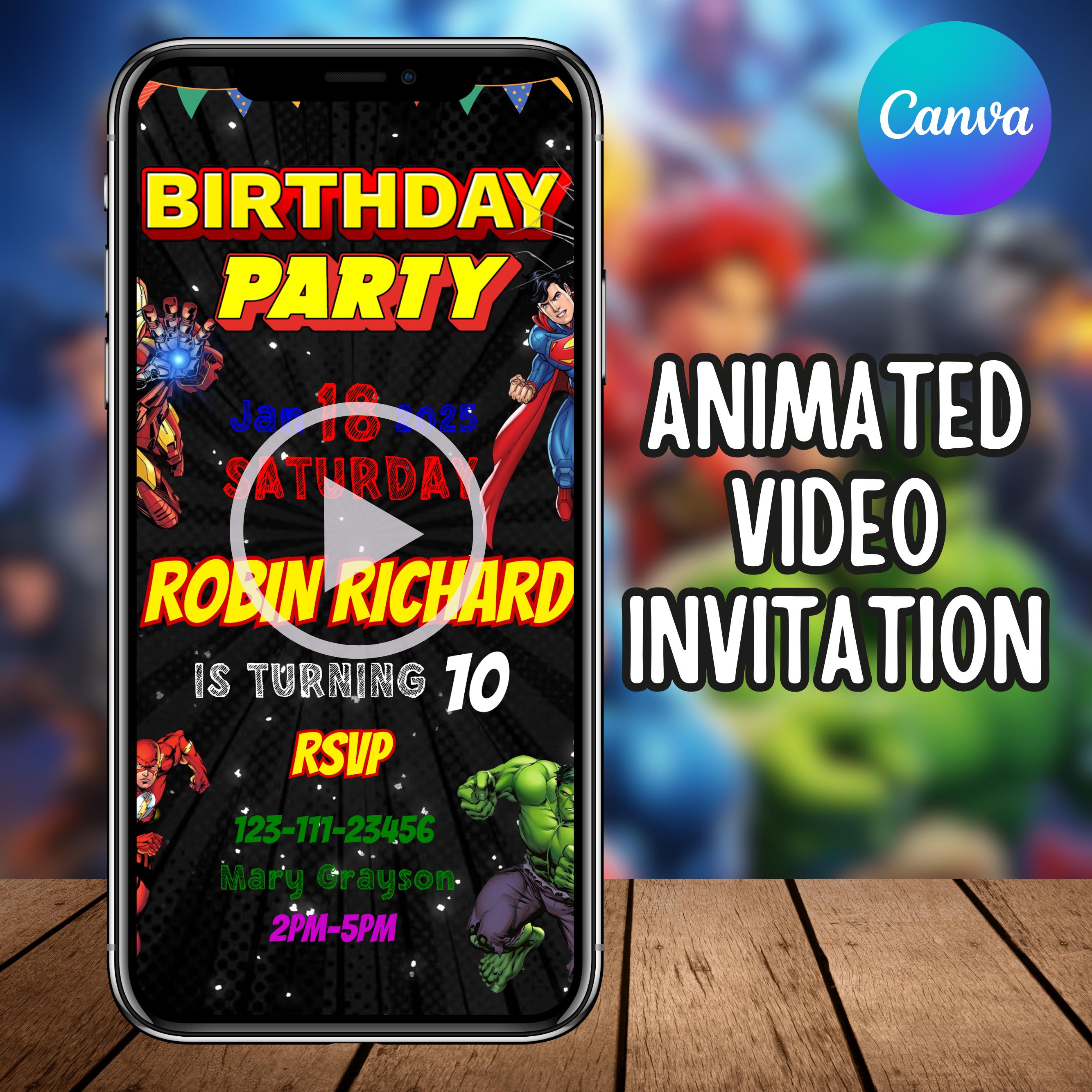 Avengers Birthday invitation, Superhero Birthday Invitation, Superhero invite, Birthday party video, Avengers birthday party, Cana Editable
