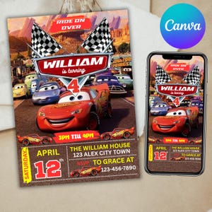 Cars Birthday Invitation, Kids Birthday Invitation, children's party invitation, Birthday Invite, Lightning McQueen Invite, Canva Editable