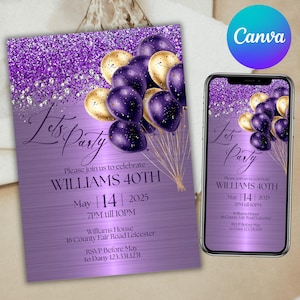 Editable Purple and Gold Birthday Invitation, Let's Party Purple Balloons Invite, Printable Girls Birthday Invitation, Canva Editable