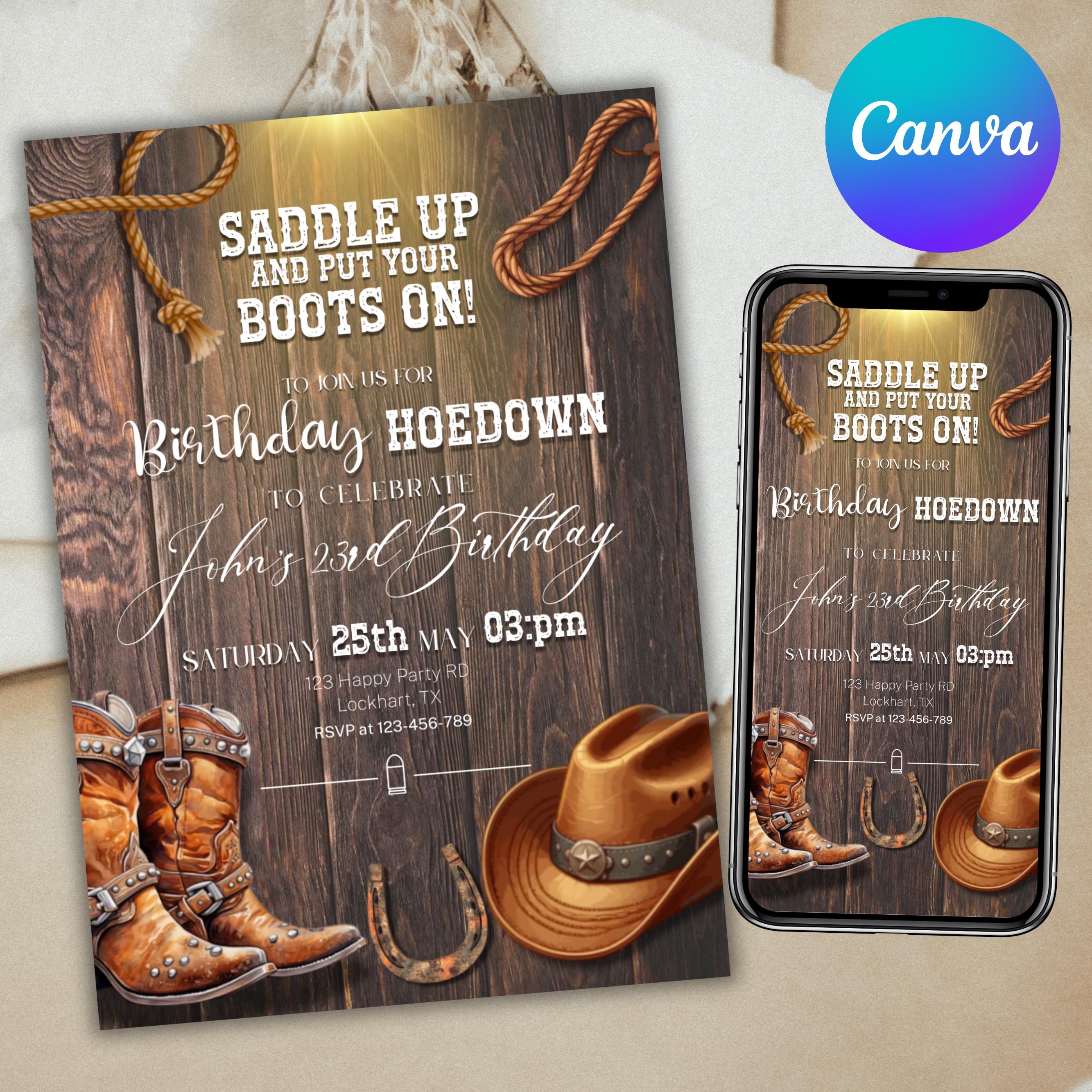 Cowgirl Birthday Invitation, Any Age Western Cowgirl Party Invite, Saddle up invite, Boots birthday, Cowgirl Party Invite, Canva Editable