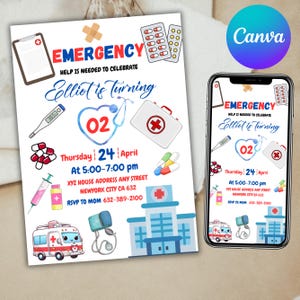 Convite de aniversário para médico infantil, festa de primeiros socorros, modelo de médico fingido, convite para emergência médica, receita médica, editável pelo Canva