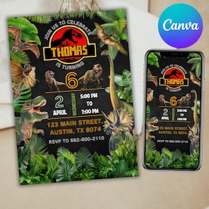 Dinosaur Party Invitation, Dinosaur World Invite, Dino Boy Birthday Party, T-Rex Party Invite, Jurassic 1st 3rd 5th Birthday, Canva Editable