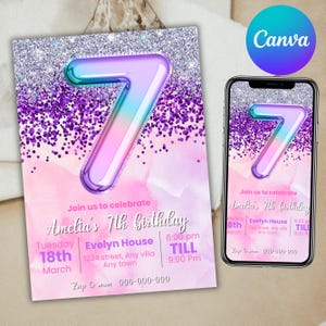 7th Birthday Invitation, Glitter Birthday Invitation, Rainbow Foil Girl Seventh Birthday invitation, Canva Editable