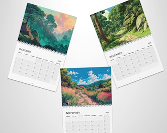 2025 Wandkalender Ghibli Nature geïnspireerd anime schilderachtig landschap 2025 kalender, terug naar school organisatie, schoolkalender voor familie