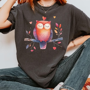 Watercolor Owl Shirt Perfect For Valentines Day Gift For Her, Cute Owl Graphic Tee, Love Hearts Shirt, Sleepy Owl T-Shirt