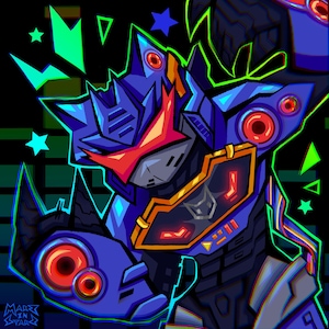 May include: Digital illustration of a blue robot with red and orange details. The robot features a detailed design with sharp angles and glowing red eyes. The background is black with green and blue geometric shapes.