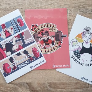 3 x A5 Gym Inspiration Art Prints: "Strong Girls Club", ""Squat/Bench/DeadLift"", ""No Tiefe No Glory" FULL SET von Künstlerin Katana Dirk."