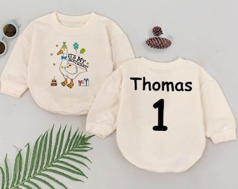 「It's My Birthday」ベビーロンパース、名入れ可能な「One Silly Goose」ベビー服、1歳の誕生日ベビーボディスーツ、新生児服、かわいいベビーギフト