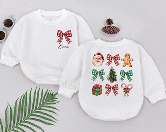 Coquette Christmas Santa Baby Sweater Romper, Custom name Coquette Bow Tree Baby Bodysuit, Retro Xmas Holiday Baby Outfit Gift, Baby Shower