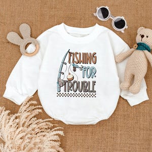 Fishing For Trouble Baby Outfit, Bubble Romper Baby Boy, Fisherman Baby Bodysuit, Little Boy Baby Romper, Funny Shirt for Kids, Baby Gift