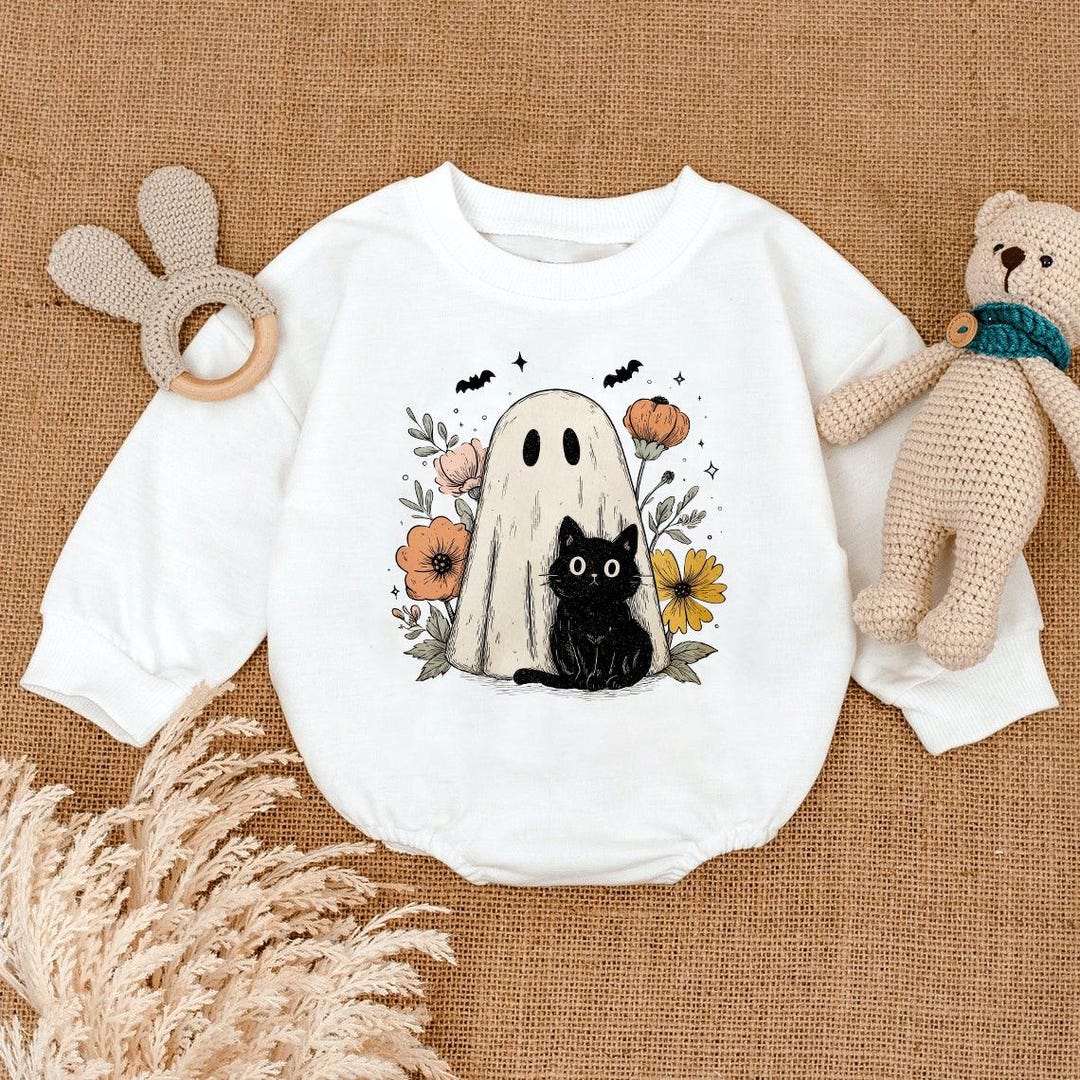 Cute Halloween Ghost and Cat Baby Romper, Retro Spooky Floral Halloween Baby Clothes, Funny Halloween Baby Bodysuit, Black Cat Baby Outfit