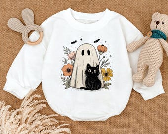 Cute Halloween Ghost and Cat Baby Romper, Retro Spooky Floral Halloween Baby Clothes, Funny Halloween Baby Bodysuit, Black Cat Baby Outfit