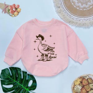 May include: A pink long-sleeved sweatshirt with a graphic of a goose wearing a cowboy hat and boots. The text "Silly Goose on the Loose" is printed below the goose.