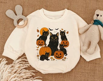 Black Cat Pumpkin Baby Clothes, Ghots Cat Baby Shower, Retro Halloween Baby Bodysuit, Retro Fall Season Baby Outfot, Halloween Cat Mama