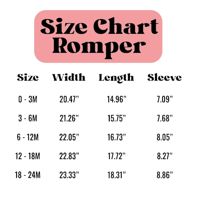 May include: Size chart for a romper with measurements in inches for width, length, and sleeve length for sizes 0-3M, 3-6M, 6-12M, 12-18M, and 18-24M.