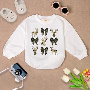 Deer Hunt Camo Coquette Bow Baby Outfit, Camo Bow Romper Sweatshirt, Girls Camo Bow Baby Romper, Huting Baby Bodysuit, Coquette Bow Gift