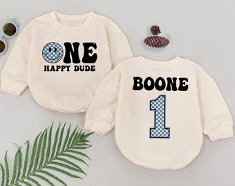 Personalized One Happy Dude Bubble Romper, Custom Name Baby Outfit, Face Smile Newborn, Matching Family, 1st Birthday, Baby Bodysuit