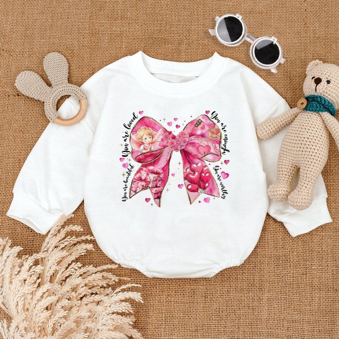 Mimi Valentine Baby Romper, Valentines Day Heart Coquette Bow Bodysuit...