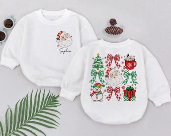 Coquette Christmas Santa Baby Sweater Romper, Custom name Coquette Bow Baby Bodysuit, Retro Xmas Holiday Baby Outfit Gift, Baby Shower