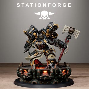 May include: A detailed miniature figure of a warrior in black and gold armor, holding a winged hammer. The figure is on a circular base with the text "STATIONFORGE" above. The base has a glowing red interior.