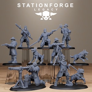 May include: A set of nine grey plastic miniature figures, including humans and dogs, with various weapons and tools. The figures are posed in action stances and are standing on small grey bases. The figures are part of a tabletop game called "Stationforge Legacy".