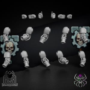 May include: A collection of gray, mechanical arm and hand components, likely for a miniature or model. The image includes various arm segments and hand poses, with a dark background. The text "pre-supported" is visible at the bottom.