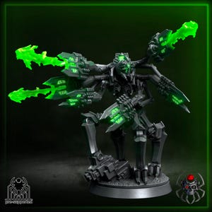 May include: A detailed, dark gray robotic figure with multiple articulated limbs and glowing green energy weapons. The figure is posed on a circular base, with a stylized logo in the lower left corner. The overall design suggests a science fiction or fantasy theme.