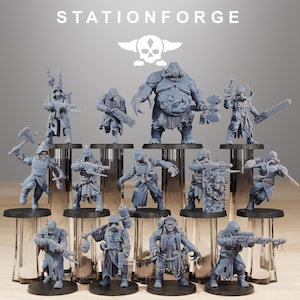 May include: A collection of gray miniature figurines, likely for tabletop gaming, are displayed on clear stands. The figurines depict various characters with weapons and armor, including soldiers and a large, imposing figure. The text "STATIONFORGE" and a skull logo are at the top.