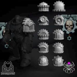 May include: A collection of gray, 3D-printed miniature armor pieces, including shoulder pads and helmets, with a mechanical, gear-like design. The image also shows a full figure wearing similar armor. The text "pre-supported" is visible.