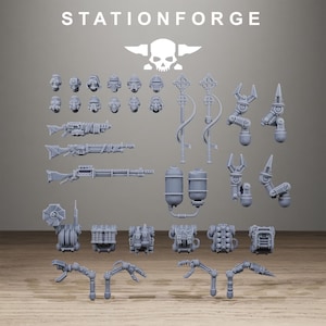 May include: A collection of grey resin miniature parts labeled STATIONFORGE, including eleven distinct helmet designs, three long-barreled rifles, two tall banner poles, four mechanical claw arms, a dual-tank backpack, and six varied utility packs.
