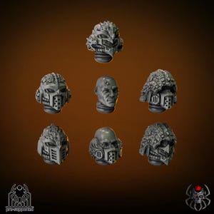 May include: A collection of seven gray miniature heads, including several with detailed mechanical masks and one with a bald head. The heads are arranged against a dark background, showcasing intricate designs suitable for miniature gaming or model building.