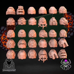 May include: A collection of 3D-printed shoulder pads in various designs. The pads are in a light peach color and feature details like skulls, armor plating, and ammunition packs. The image includes the text "pre-supported" and a spider logo.