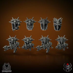 May include: A collection of eight gray miniature fantasy figurines. The figurines feature intricate, spiky, and skull-adorned designs. The top row shows ornate chest pieces, while the bottom row displays weaponized figures. The image includes the text "pre-supported".