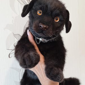 May include: A black plush puppy with amber eyes and a silver chain collar. The handmade stuffed animal has a realistic appearance, with detailed fur and a sweet expression. A unique gift for dog lovers.