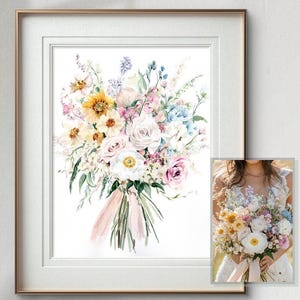 Dipinto personalizzato di bouquet da sposa ad acquerello: regalo unico nel suo genere dalle tue foto/regalo di anniversario/regalo di nozze personalizzato/arte floreale da parete