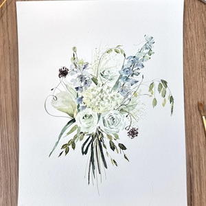 アジサイの水彩画の花束の絵画 – オリジナルアートワーク、花の絵画、植物アート、花の絵画、結婚祝い、コテージコア