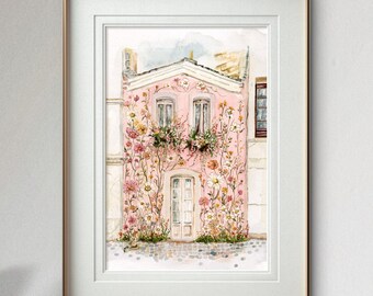 Floral Pink Cottage Watercolor Wall Art – Digital Download, Cottagecore Architecture Print, Instant Botanical Home Decor