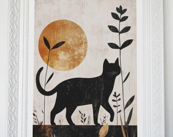 Black Cat Botanical Print – Minimalist Beige Home Decor (Digital Download)