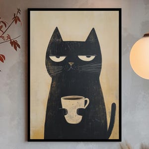Elegant Cat Coffee Poster | Minimalist Art (Digital Download)