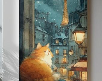 Paris Cafe Cat Watercolor Art Print, Winter Scene (Digital Download)