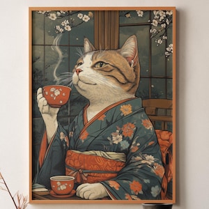 Ukiyo-e Katzen Poster | Kimono Teezeremonie Kunst (Digitaler Download)