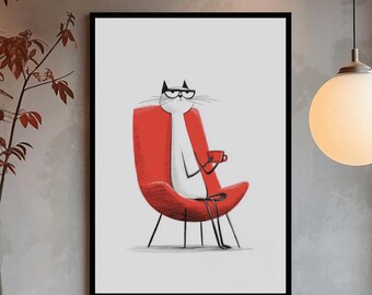 Sarcastic Cat in Red Chair – Minimalist Mid-Century Modern Wall Art, Funny Cat Poste