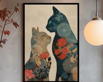 Floral Cat Silhouettes Art Print – Elegant Botanical Minimalist Wall Decor for Cat Lovers