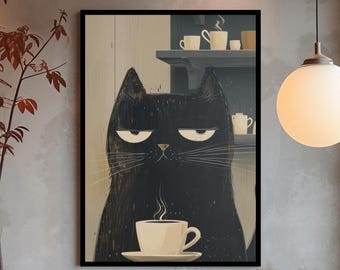Black Cat Barista Art Print – Minimalist Coffee Cafe Decor (Digital Download)