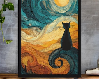 Van Gogh Inspired Cat & Moon Art Print – Starry Night Wall Decor for Cat Lovers