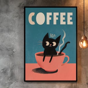 Black Cat Coffee Poster – Retro Cat Art Print with Cup – Cute Vintage Kitchen Wall Decor – Funny BOP! Cat Illustration for Cat Lovers